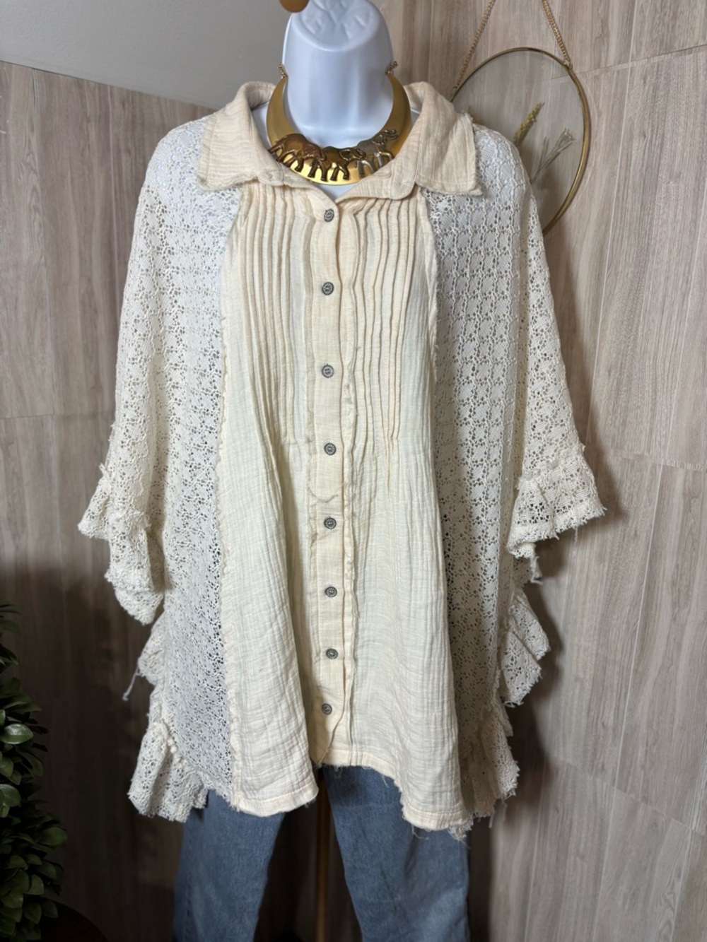 Everyday Chic Cream Button-Front Crochet & Gauze Layered Top